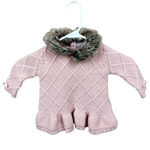 Tahari Baby Pink Faux Fur Neck Trim Sweater Size 3-6 Months